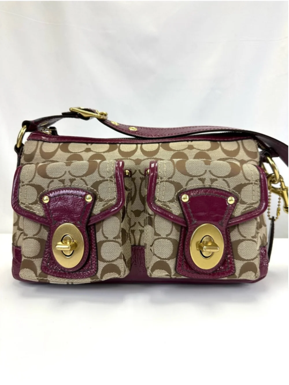 Coach 65th Anniversary Legacy Signature Double Turnlock Bag Plum G0826 F12869